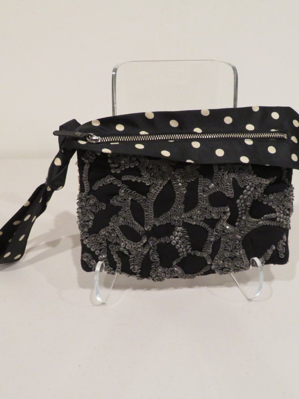 Jamin Puech Black Rayon Wristlet Gray Pink Sequin Bead Embellished Bag
